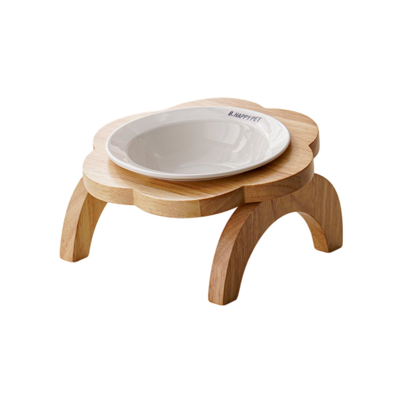 Bol pour chat en céramique surélevé en forme de fleur avec support en bois de chêne, manchon protecteur de cou compatible avec les moustaches pour chats et petits chiens, paquet de 3 de 7,6 x 7,1 x 4,1 pouces, blanc