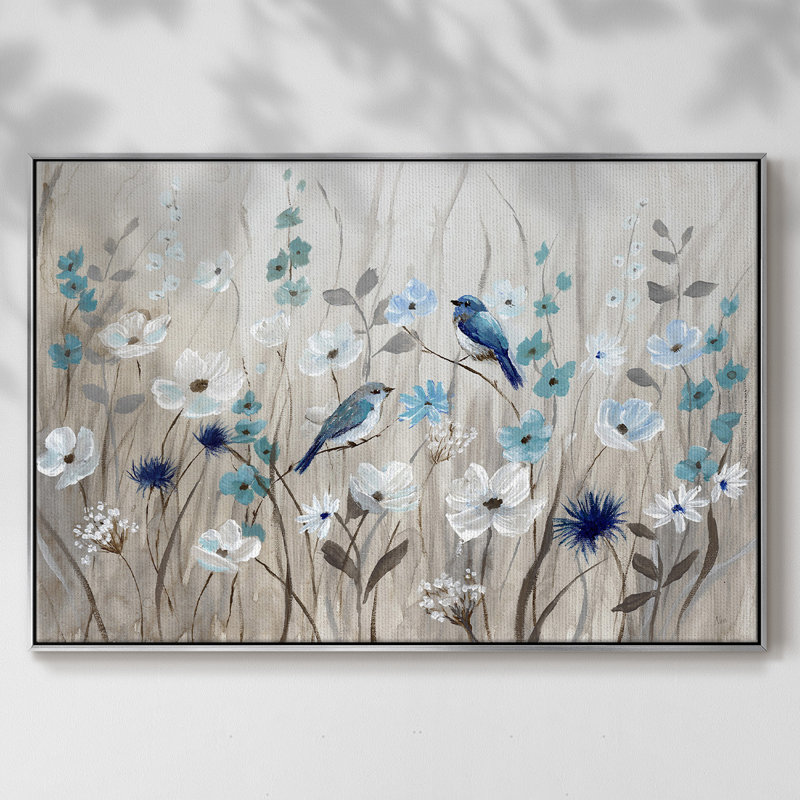 «Bluebirds in Spring», reproduction sur toile flottante, H 25 po x l 37 po x P 2 po, Argent