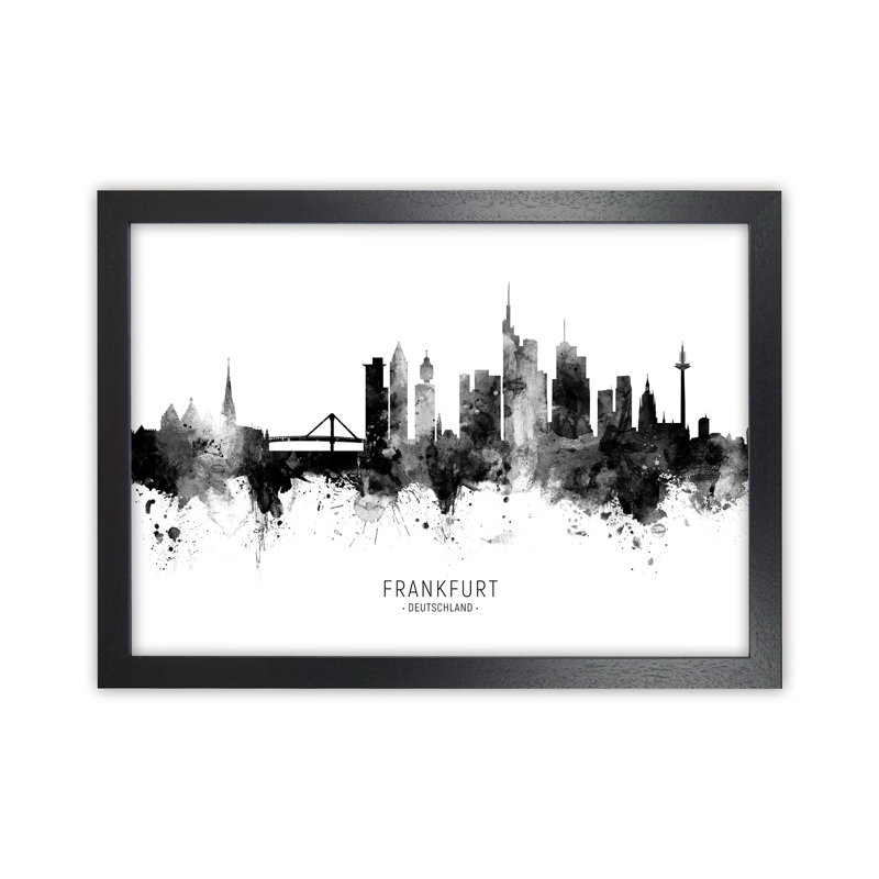 Frankfurt Germany Skyline Black White City Name by Michael Tompsett - Print, 64cm H x 88cm W x 3cm D, Black Framed