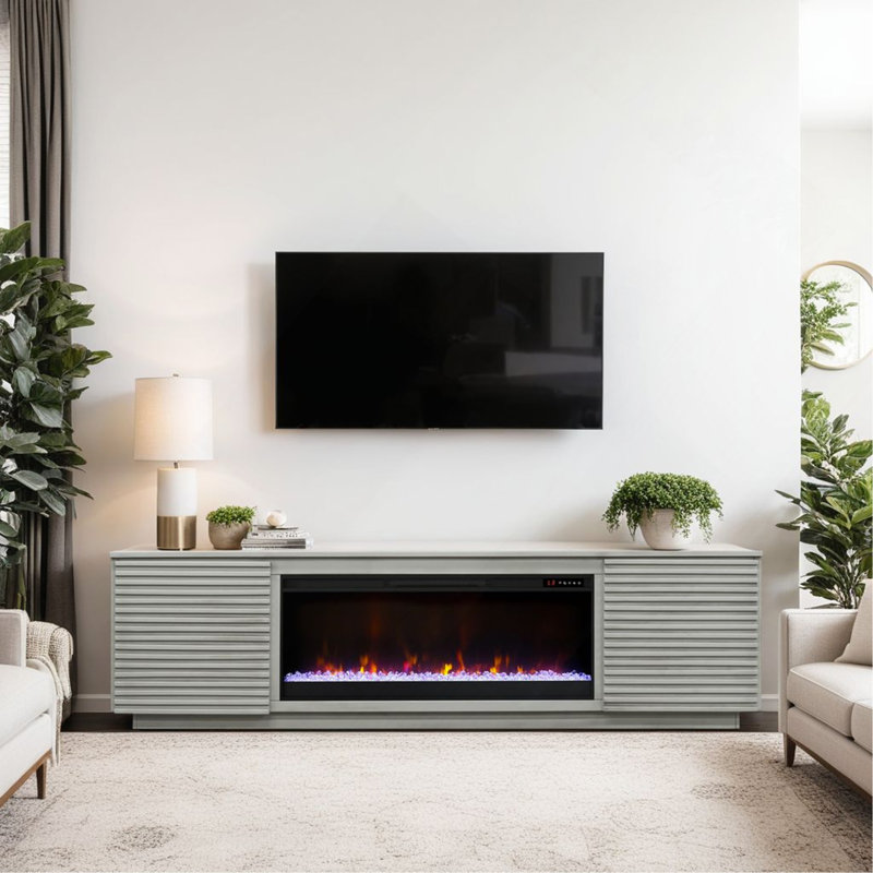 Stella Solid Wood TV Stand with Electric Fireplace for TVs , 25" H x 73" W x 18" D, Gray Duplicate