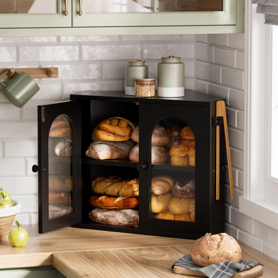 2 Tier Corner Bread Box for Kitchen Countertop with Acrylic Door, Bamboo Bread Storage Container for Homemade Bread, Large Bread Bin Farmhouse Breadbox Organizer, (Black)