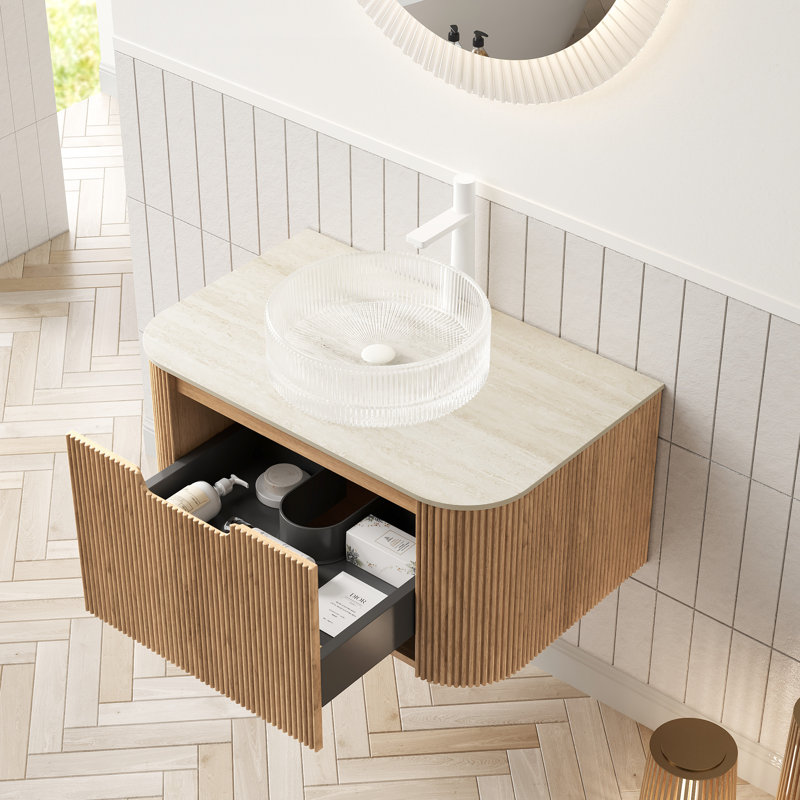 Meuble-lavabo rond transparent de 30 po, comptoir en pierre frittée à motif, armoire murale avec tiroir 3D, système de fermeture en douceur pour un fonctionnement en douceur, verre de meuble-lavabo en cristal préassemblé,