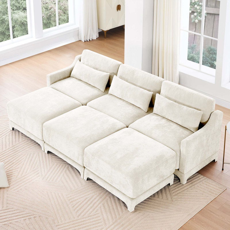 Canapé 3 places, 3 repose-pieds mobiles, équipé d'un coussin lombaire, tissu en chenille, base en bois de haute qualité, conception ergonomique, éponge à haute résilience
