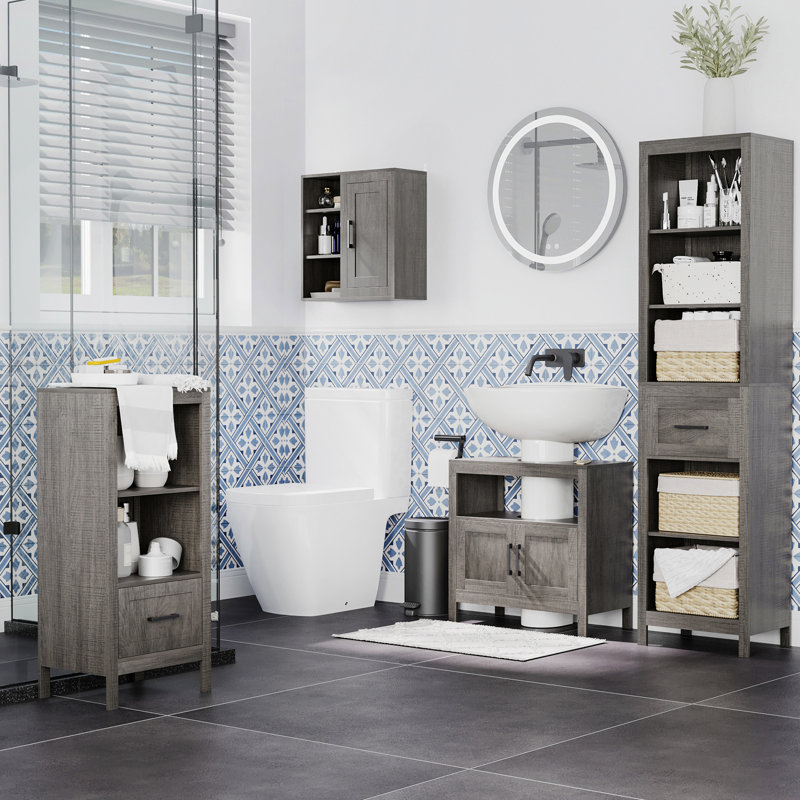 Unité de rangement de salle de bain grise avec 2 portes et une tablette ouverte sous le meuble-lavabo