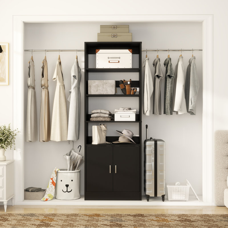 25" - 103" Closet System with Cabinets（Adjustable rod/clapboard）, Black