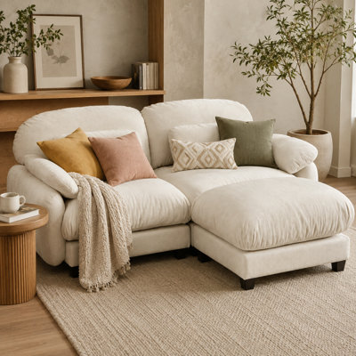 Canapé d'angle modulaire Elarquess Cloud pour 2 personnes avec pouf amovible, assise profonde en chenille, coussins en mousse haute densité et ressorts, 2 petits coussins lombaires