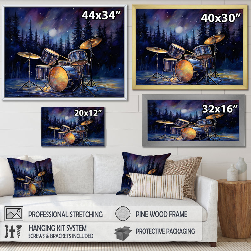 «Music Drums In Winter», reproduction d'art sur toile, Cadre flottant noir, H 12 po x l 20 po x P 1 po