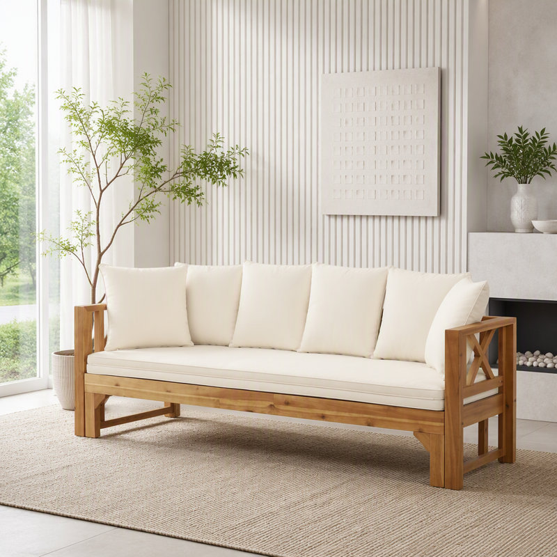 Canapé d'extérieur d'extérieur en bois d'acacia, Tissu blanc