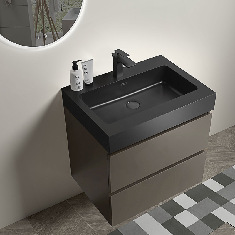 Meuble-lavabo mural avec lavabo, meuble-lavabo flottant mural, 24", Gris/noir