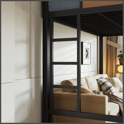 Lit mezzanine double / double en métal avec lumières DEL, station de charge USB, tablettes de rangement, support robuste - naturel