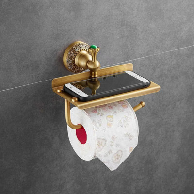 Wall Mounted Toilet Paper Holder With Shelf - Solid Brass Bathroom Tissue Roll Holder - Rustic Design With Mobile Phone Storage - Antique Brass Finish