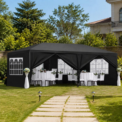 Chapiteau noir de réception de 3 x 6 mètres avec six parois latérales amovibles, abri pour mariages et événements extérieurs