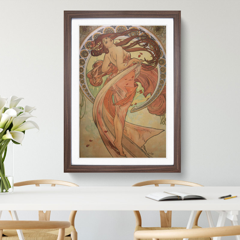 The Dance by Alphonse Mucha - Picture Frame Painting on MDF, Walnut Framed, 36cm H x 27cm W x 2cm D