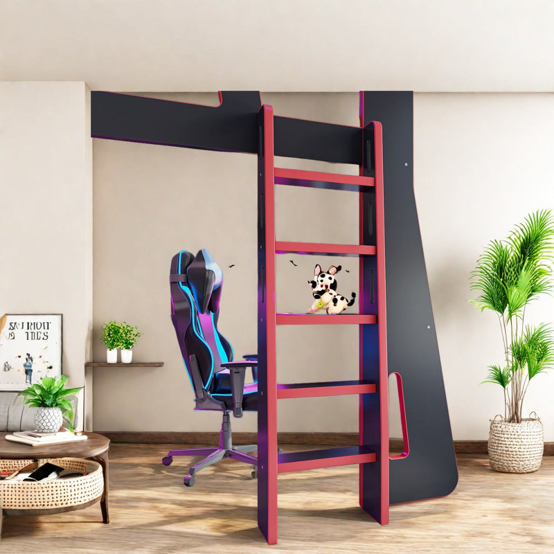Lit mezzanine de jeu avec bureau et rangement, en pin MDF, taille standard, chambre d'ado moderne, Noir 2