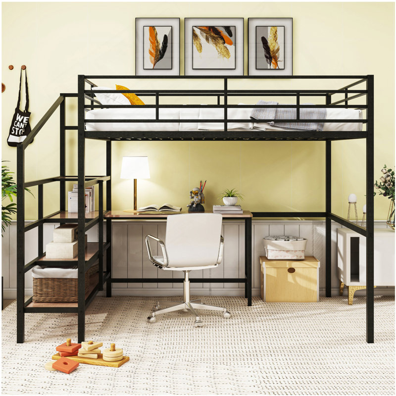 Lit mezzanine double en métal avec bureau et échelle de rangement latérale, noir