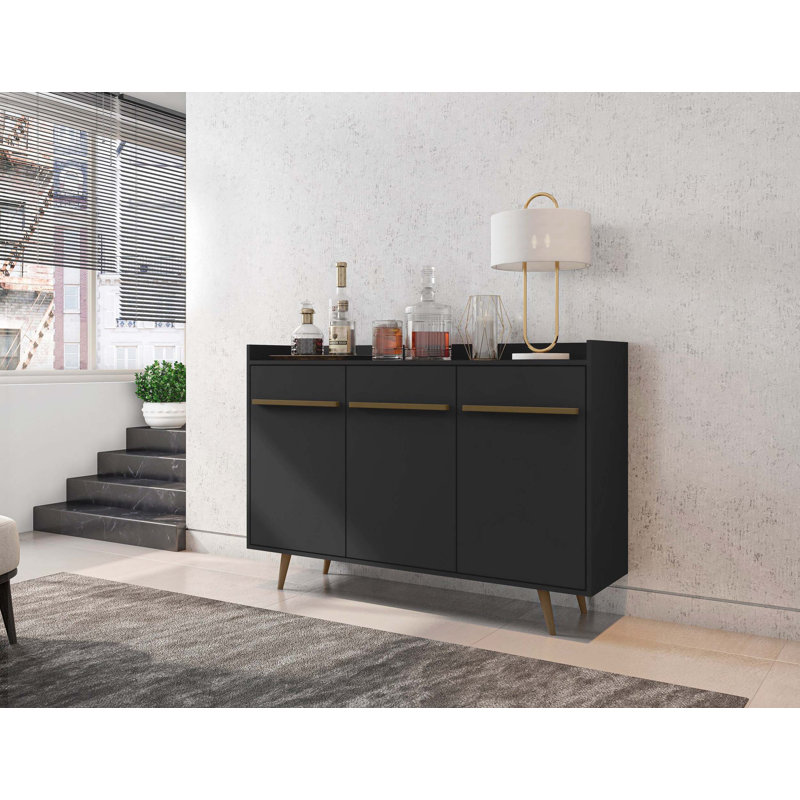 Bradley 54" Mid-Century Modern Sideboard with 4 Shelves in Black, Black