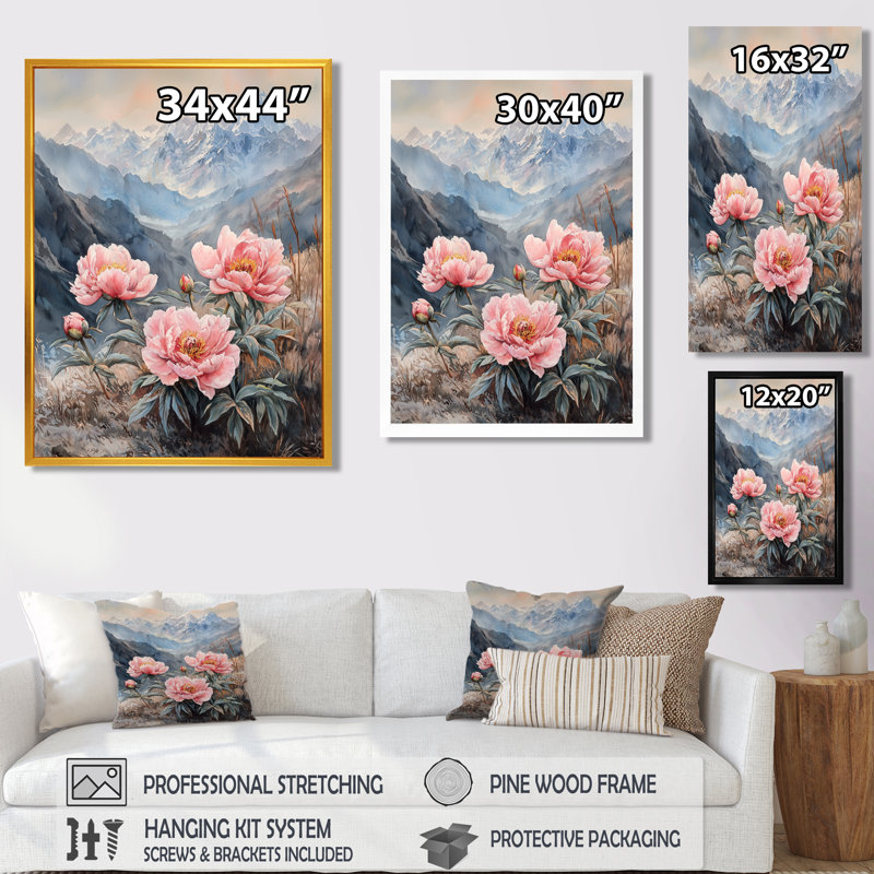 Pivoines dans la vallée balayée par le vent IV - pivoines, art mural, H 32 po x l 24 po, Reproduction avec cadre flottant
