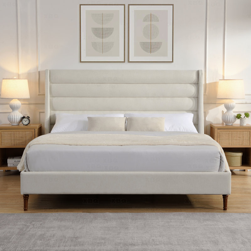 Lit plateforme tapissier avec tête de lit haute et tête de lit ondulée, tissu chenille de qualité supérieure, Très grand lit