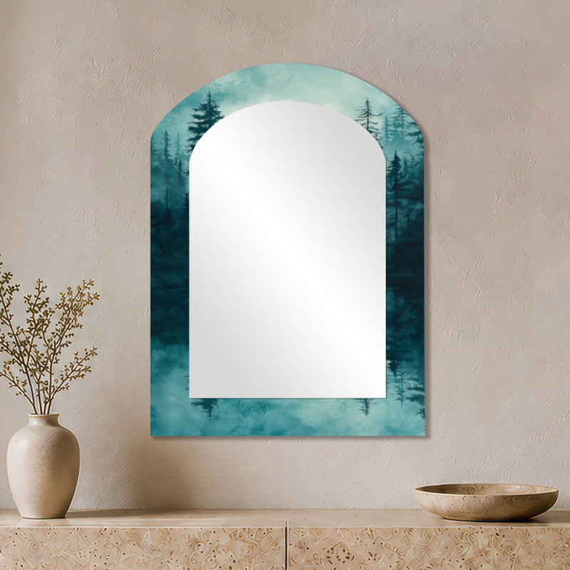 Miroir mural rustique arqué - Green Forest Lake Mist I, impression sur métal, 34 po x 25 po