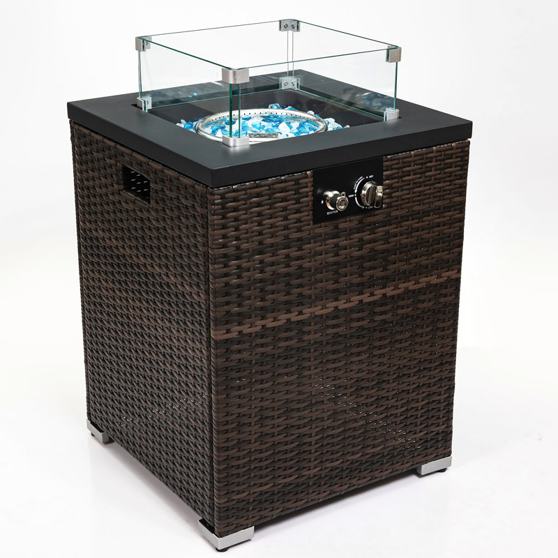 Propane Fire Pit With Glass Wind Guard, Pe , Stainless Steel Burner, Rain Cover & Lid Garden Fireplace , Included, Dark Brown