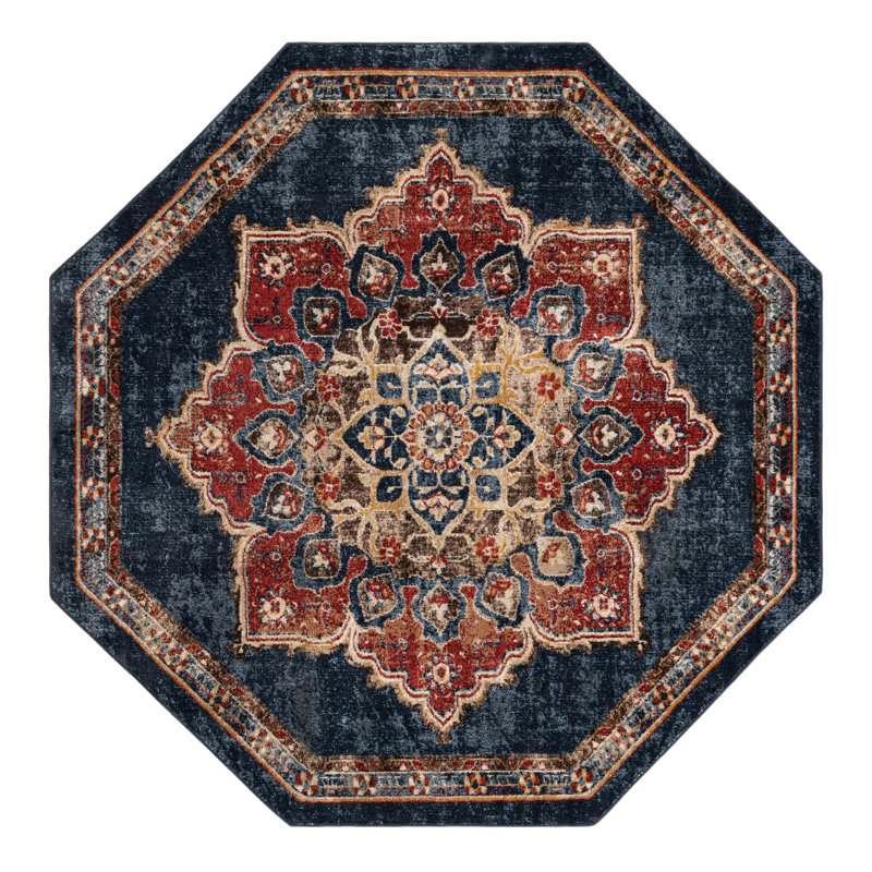 Tapis bleu marine d'inspiration persane Lieveke, Octogone 7 pi x 7 pi