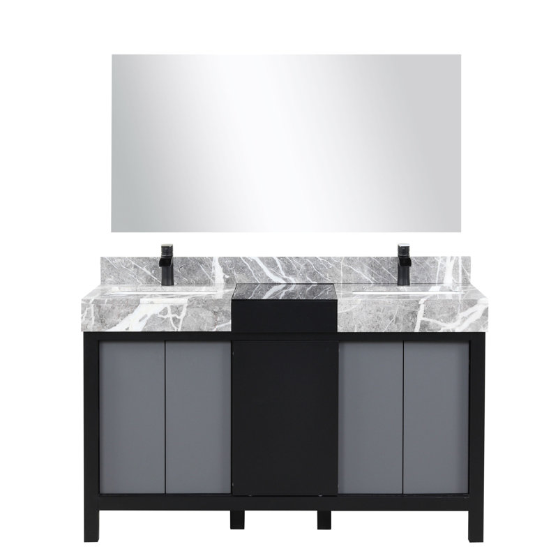 Meuble-lavabo double noir et gris l 55 po x P 22 po, comptoir en marbre gris château, ensemble de robinets noir mat et miroir de 53 po