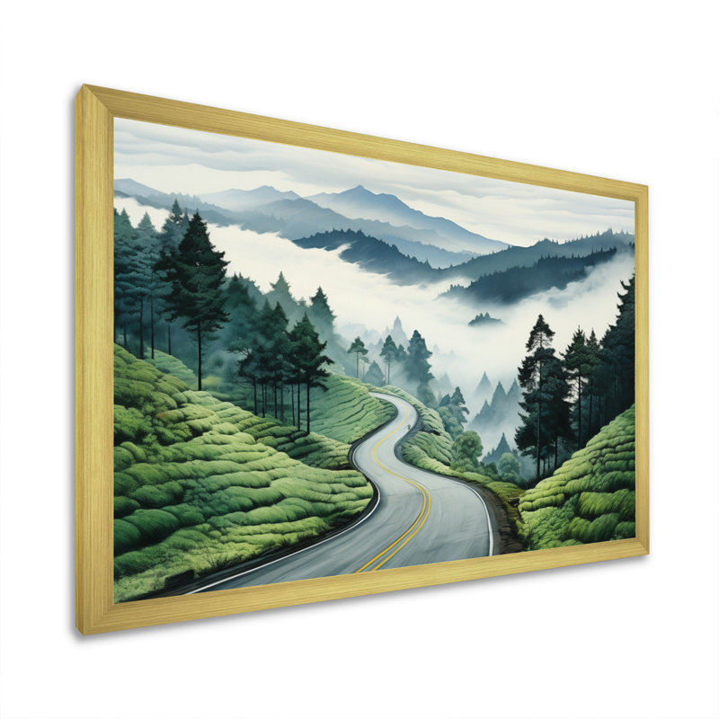 «Road Endless Journey In Green Mountain I» - art mural, H 12 po x l 20 po x P 1 po, Cadre doré à une seule photo