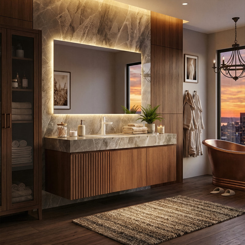Meuble-lavabo mural 48 po avec comptoir en pierre frittée et lavabo en céramique, armoire de rangement avec 1 tiroir et porte à fermeture en douceur