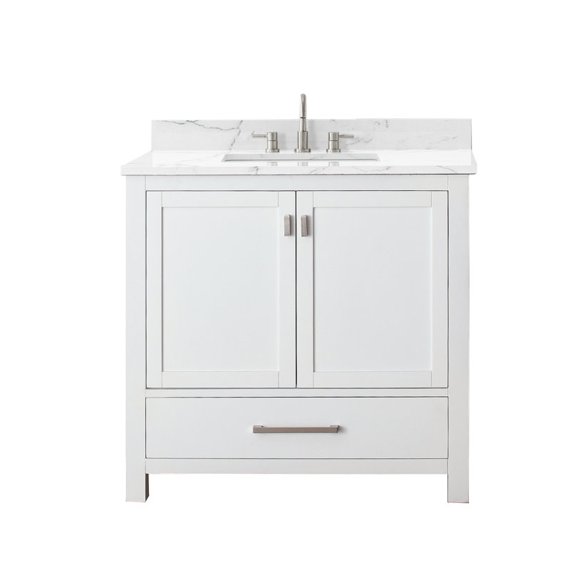 Modero 36" Single Bathroom Vanity with Top, White, Brushed Nickel, Cala White Marble