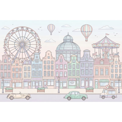 Pastel Cityscape Wallpaper European Townhouses Removable Ferris Wheel Wall Decor