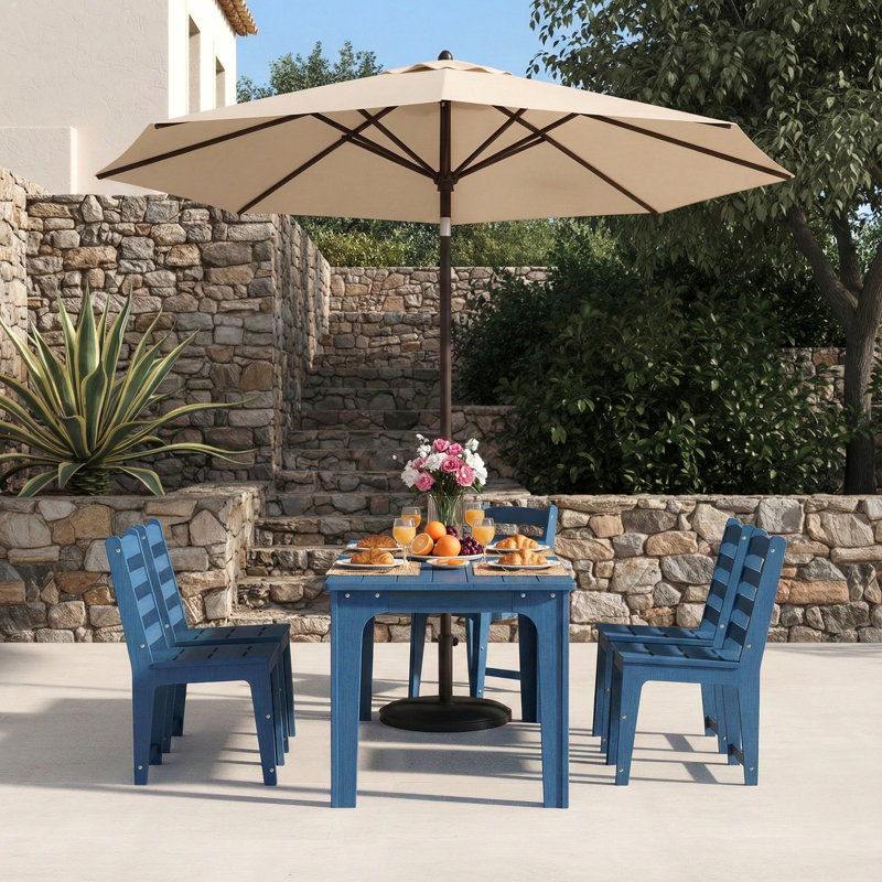 7-Piece HDPE Outdoor Dining Set 6 Armchairs And Dining Table With Umbrella Hole, Blue