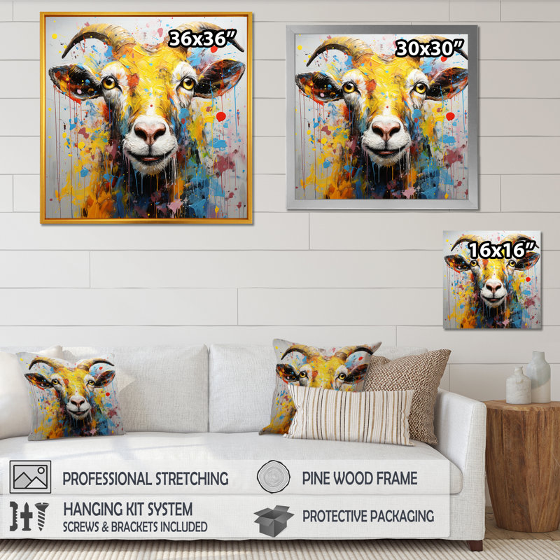 Jaune jaune, art de chèvre, art mural, Cadre simple argenté, H 30 po x l 30 po x P 1,5 po