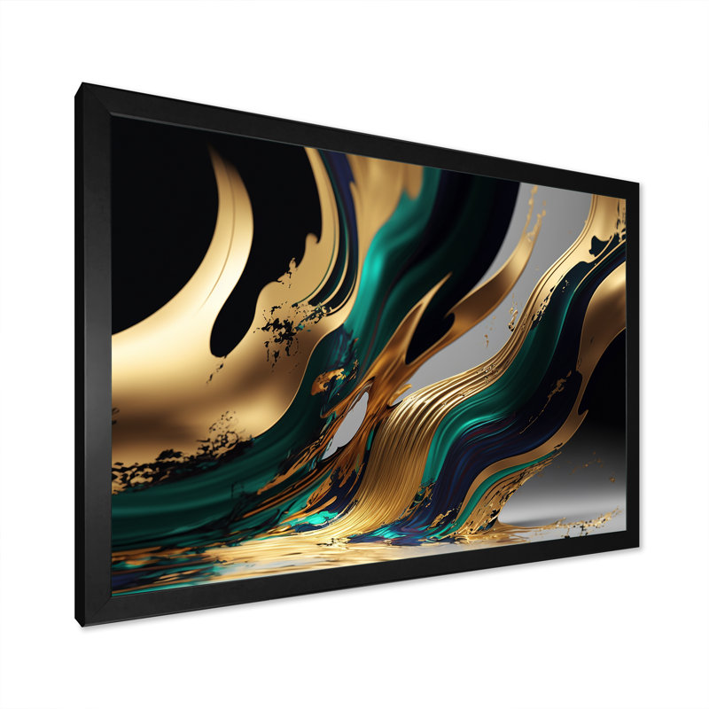 «Green and Gold Agate II», art abstrait sur toile transitionnel, H 24 po x l 32 po, Cadre photo unique, Noir