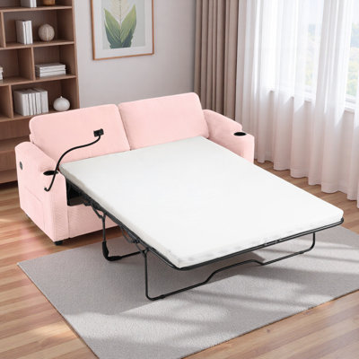 Convertible Sleeper Sofa With Full Size Mattress, 2 Usb Ports, 2 Cup Holders, 2 Side Pockets And 1 Phone Holder