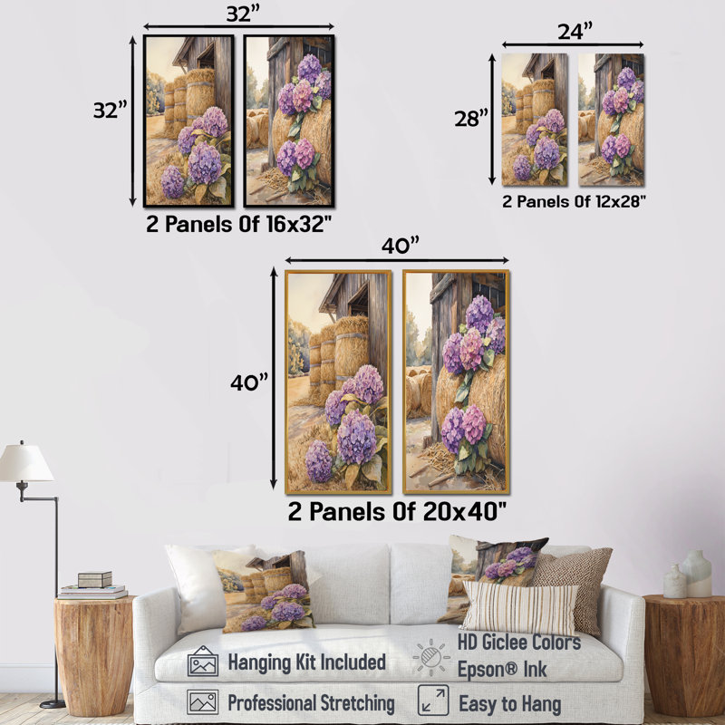 Hortensias dans le Hayloft I - Collection de 2 impressions sur toile florales, H 28 po x l 25 po, Toile tendue