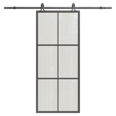 Porte de grange coulissante moderne en métal et verre dépoli à 6 carreaux, 91,4 cm x 213,4 cm, avec trousse de quincaillerie d'installation