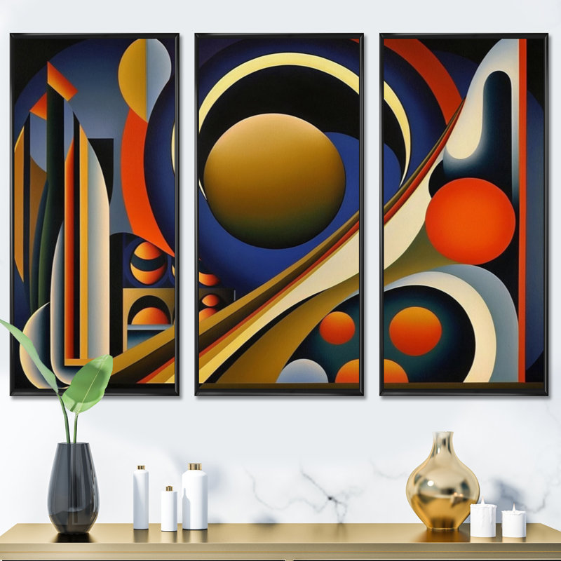 Circular Retro Dynamics III - 3 pièces sur toile, Toile encadrée noire, H 28 po x l 36 po x P 1 po
