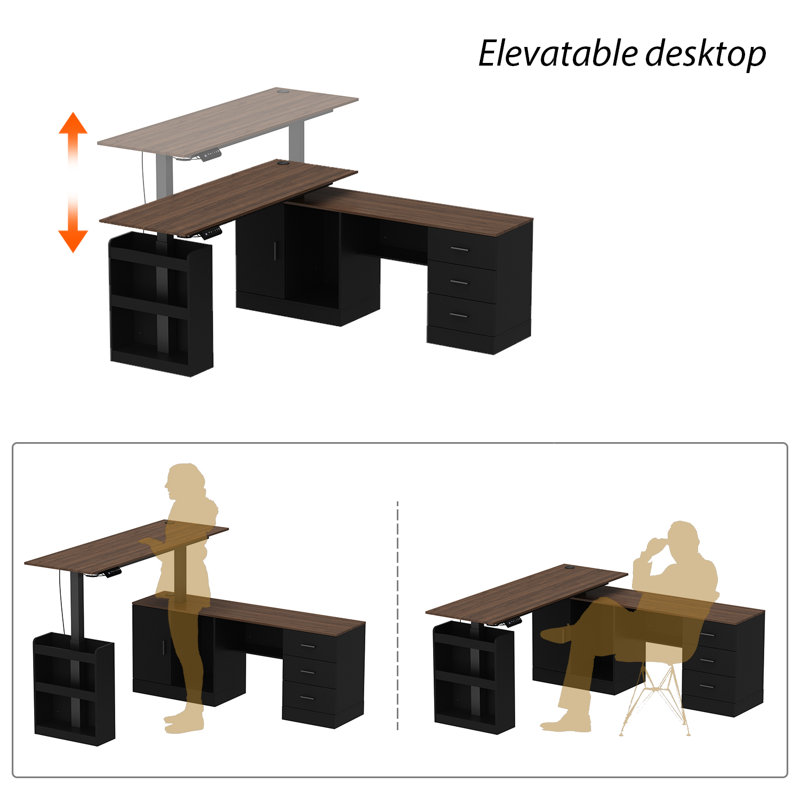 Bernarrdetta 63 W L-Shaped Lift Desk, Black/Brown