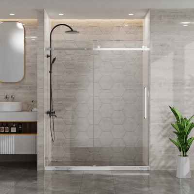 56-60" W X 72" H Silent Sleek Sliding Glass Door, Frameless Shower Door, 1/4" (6mm) Thick Tempered Clear Glass With Easy-clean Coating, Heavy-duty 304 Stainless Steel, Chrome