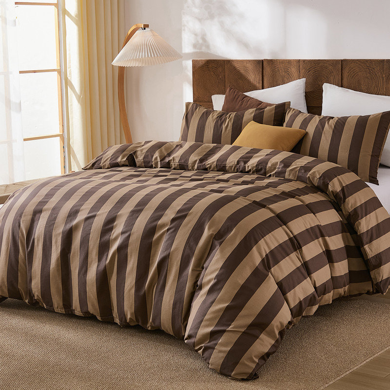 Ensemble d'édredon à rayures brunes de grande taille, ensemble d'édredon 100% coton naturel, literie réversible douce kaki brun pour toutes les saisons