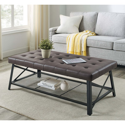 Tufted Faux Leather Upholstered Coffee Table with Mesh Storage Rack