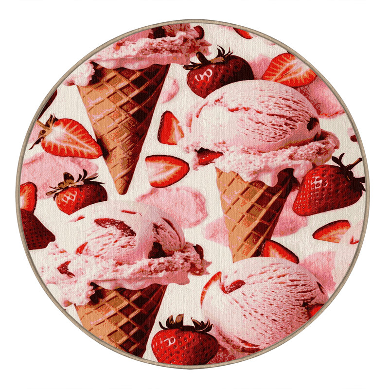 Washable Strawberry ice cream Desserts Area Rug, Round 8'