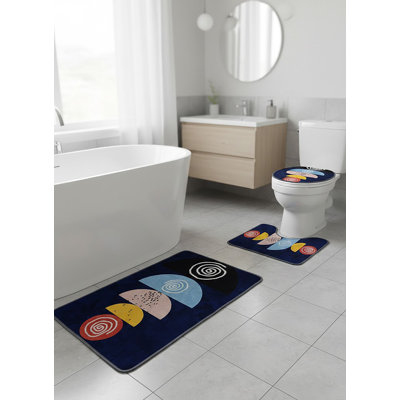 Mid-Century Modern "Orbit" 3-Piece Bathroom Rug Set: Abstract Geometric Navy & Pastel Non-Slip Bath Mat, Rug, and Lid Cover