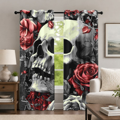 2Pcs Gothic Skull and Red Rose Curtains, Dark Floral Aesthetic Curtain, Artistic Skeleton With Blooming Roses Printed Grommet Drapes, Window Treatment for Bedroom Living Room Decor