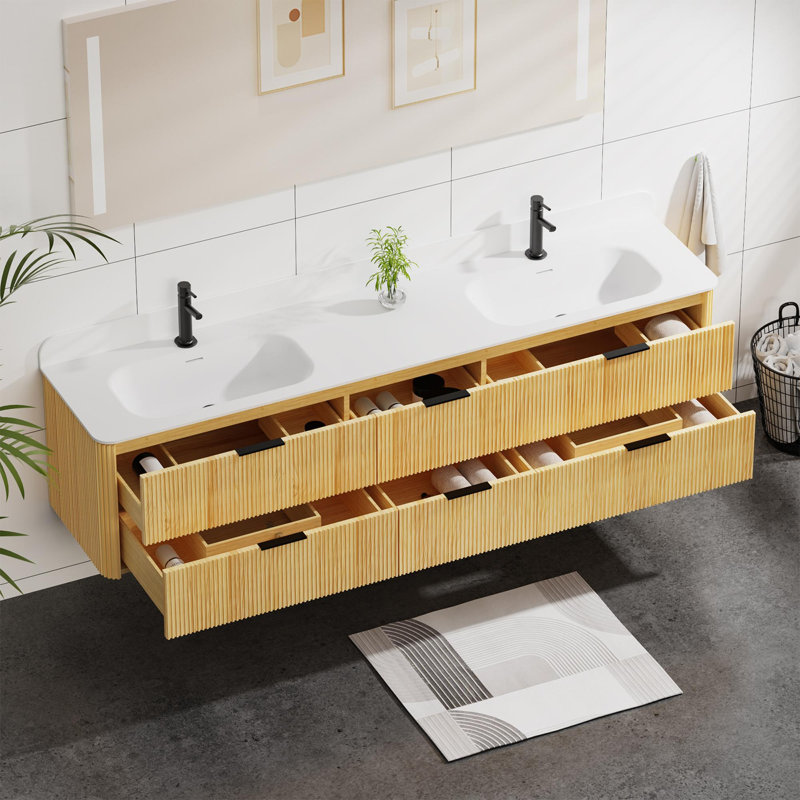 Meuble-lavabo mural avec lavabo et 6 tiroirs, Chêne doré, 84