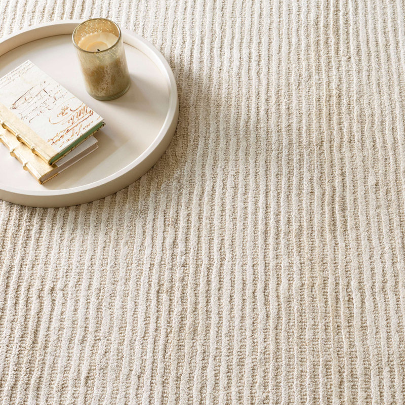 Cut Stripe Ivory Hand Knotted Viscose/Wool Rug, Rectangle 7'6" x 9'6"