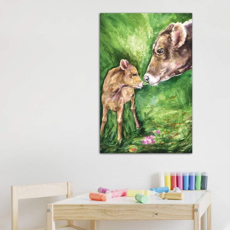 Vache et bébé, décoration murale pour enfants, H 40 po x l 26 po x P 1,5 po, Toile tendue