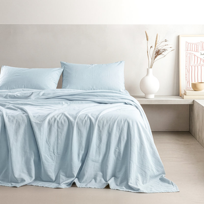 100% Washed Cotton Percale Sheet Set - Includes 1 Flat Sheet, 1 Fitted Sheet and 2 Pillowcases, Ice Blue