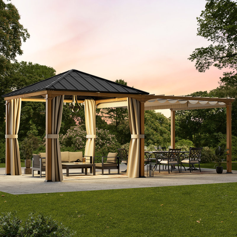 Sunrise Coast 10'X20' Hard Top Patio Gazebo With Mesh Netting And Privacy Curtains,  Extend Pavilion Pergola With Galvanized Steel Slope Metal Roof