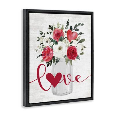 Red Love Bouquet Brown Framed Floater Canvas Wall Art by Lettered and Lined